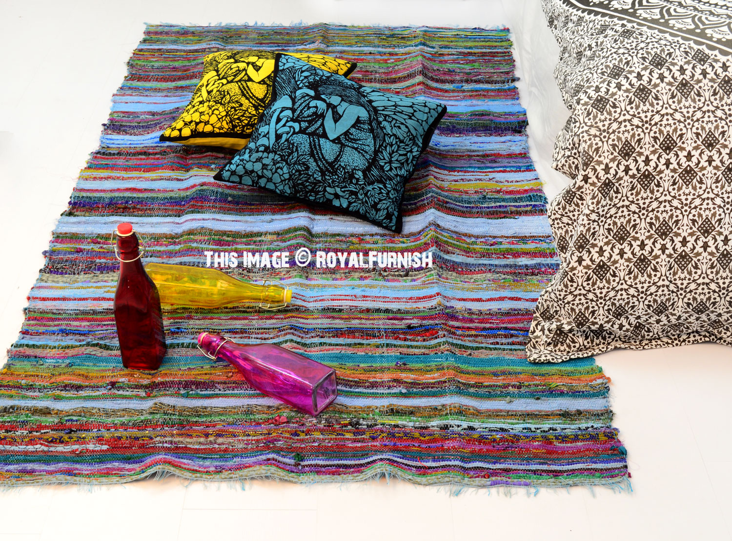 Turquoise Striped Chindi Rug, Hand Woven Floor Mat 3.6" X 6.5" ft