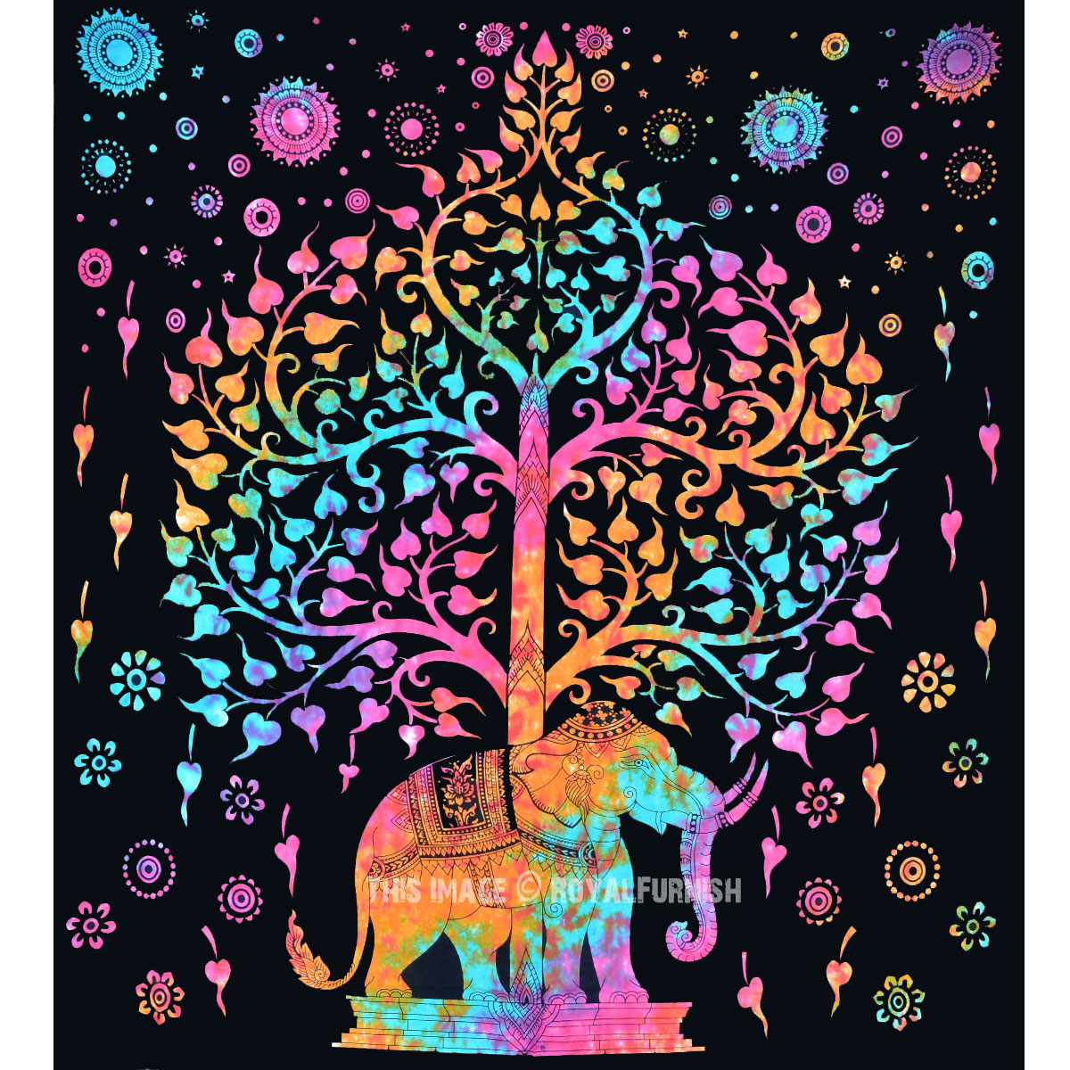 Black Elephant Tree Tapestry Wall Hanging, Hippie Tie Dye Bedding Sheet