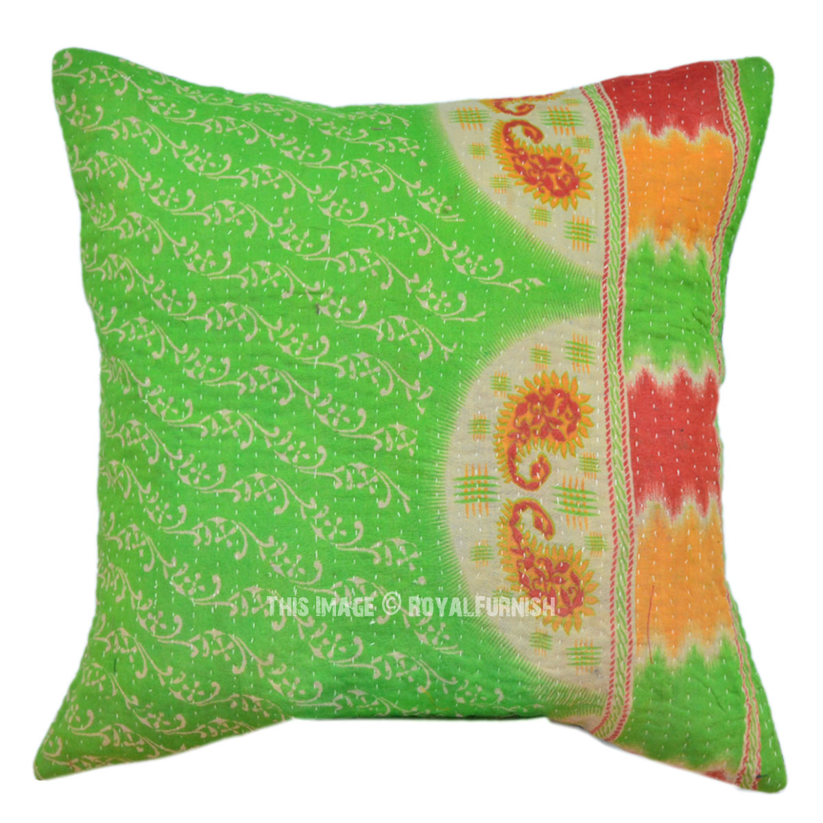 40x40 Light Green Multicolor Kantha Throw Pillow Cover - RoyalFurnish.com