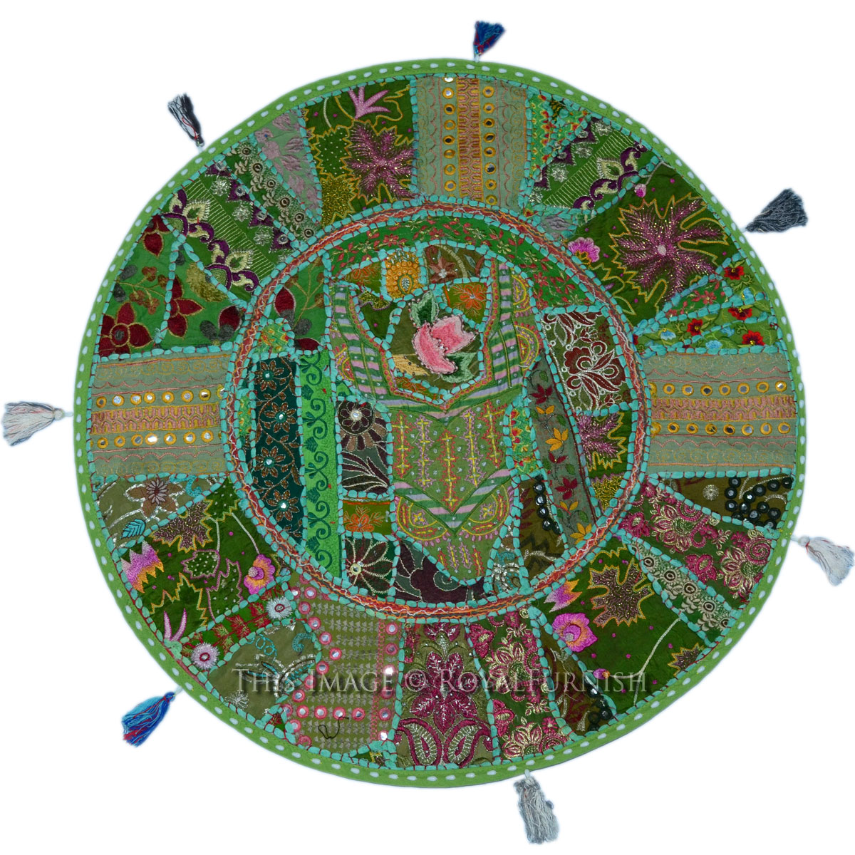 Green 71 Cm. Large Vintage Patchwork Round Floor Pillow Cover - RoyalFurnish.com
