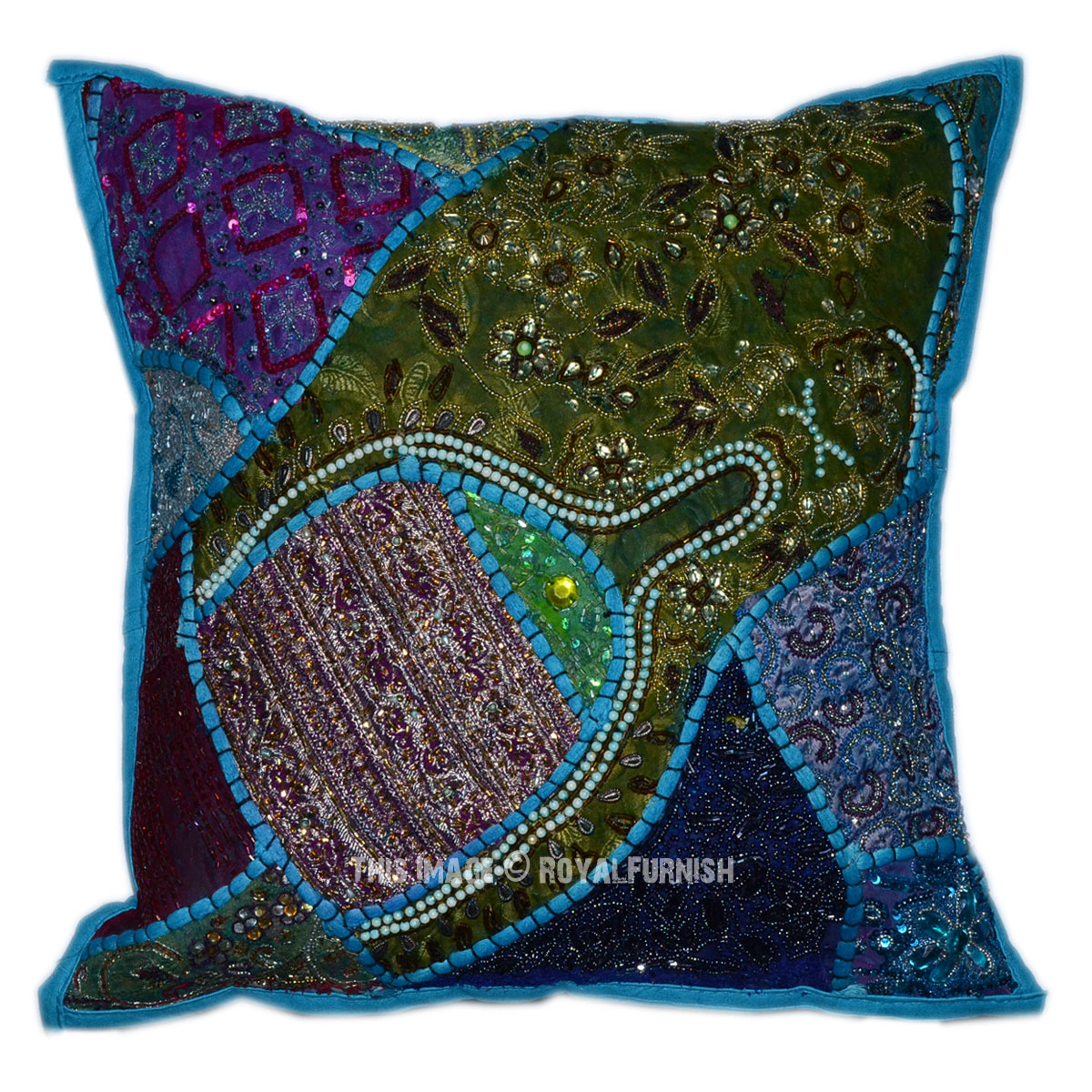 Blue Old Fabric Patchwork Design Beaded Square Toss Pillow Sham - RoyalFurnish.com