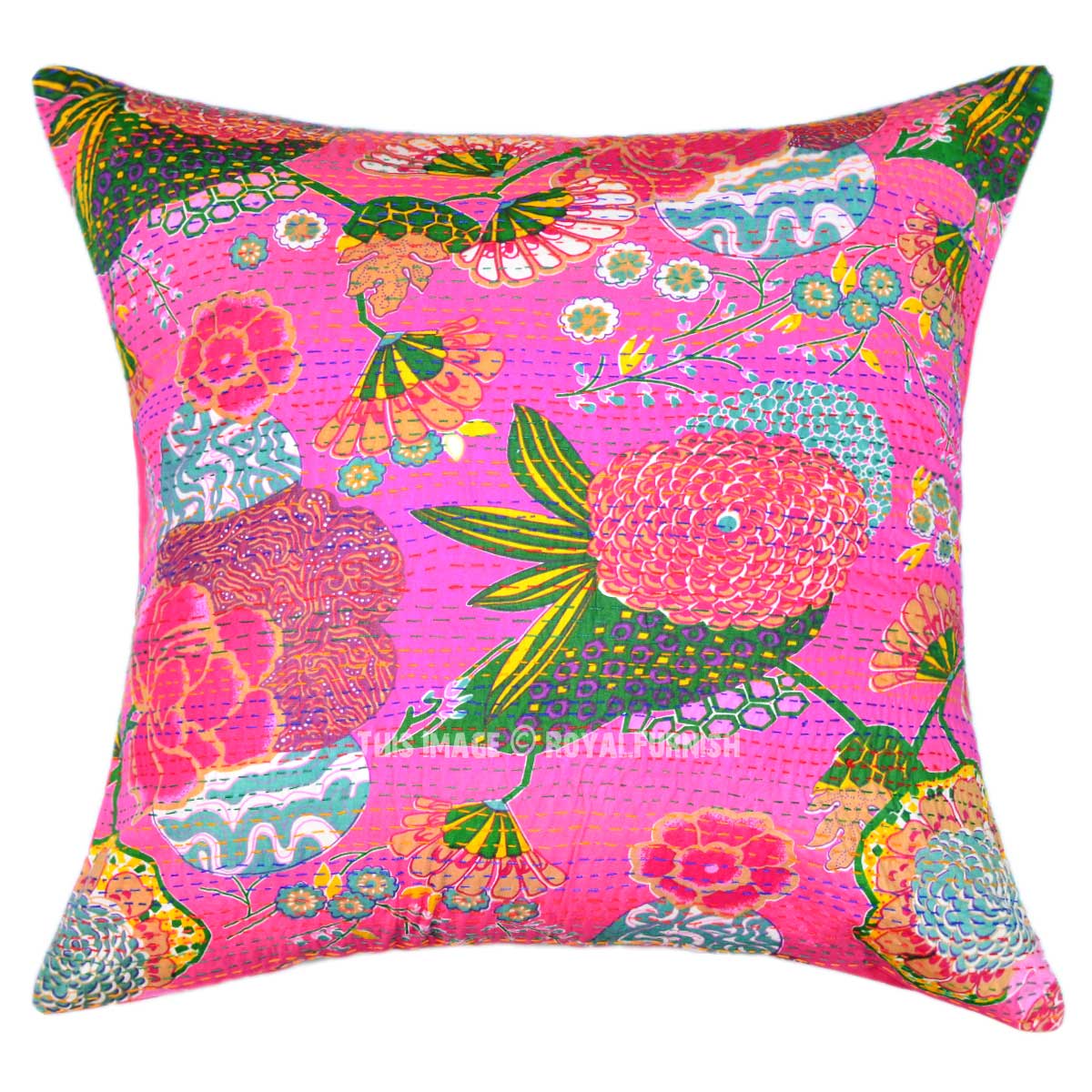 Oversize Decorative Square Kantha Throw Pillow Cover, Boho Accent 24X24 - RoyalFurnish.com