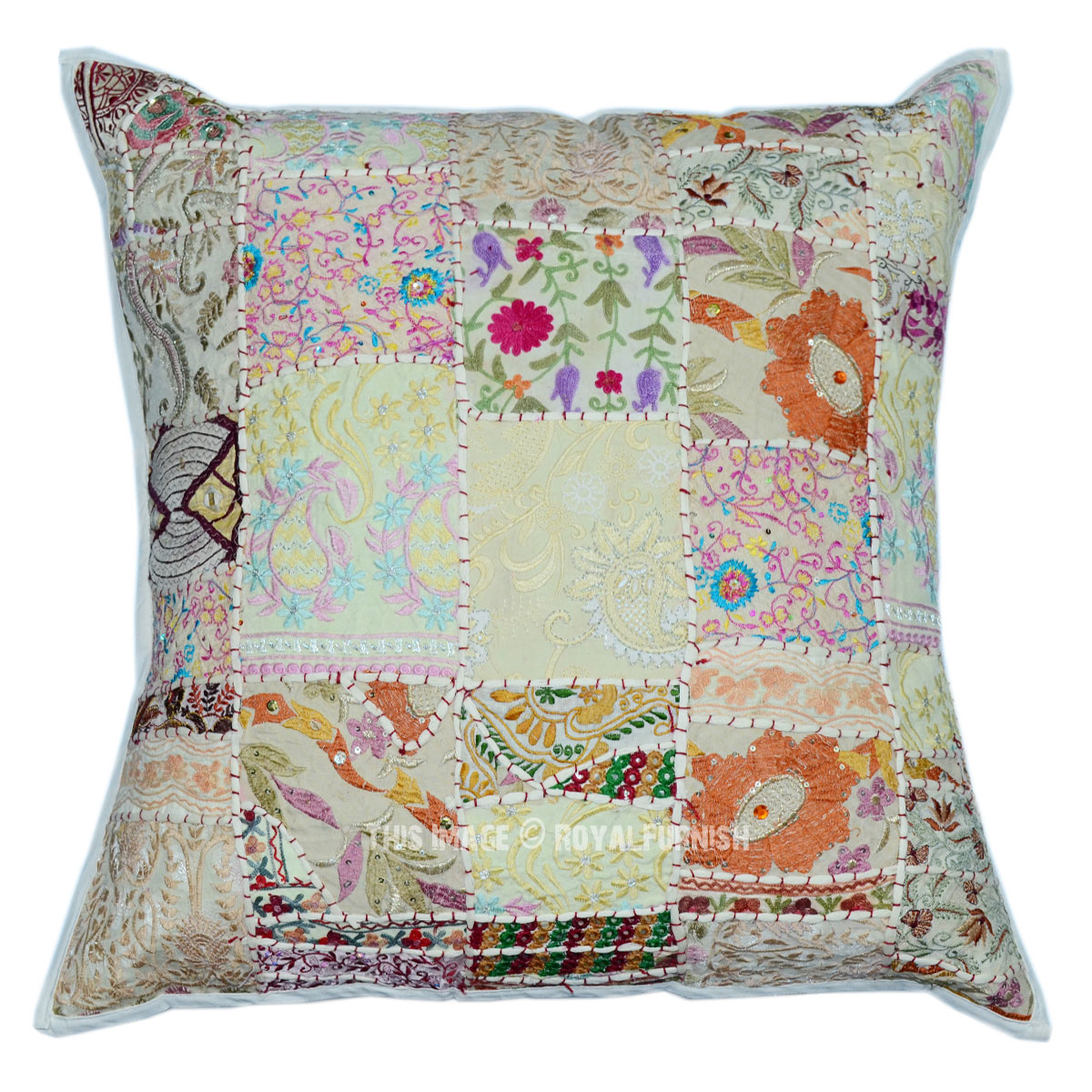 Oversized 60"X60" Giant White Patchwork Indian Bohemian Throw Pillow Cover