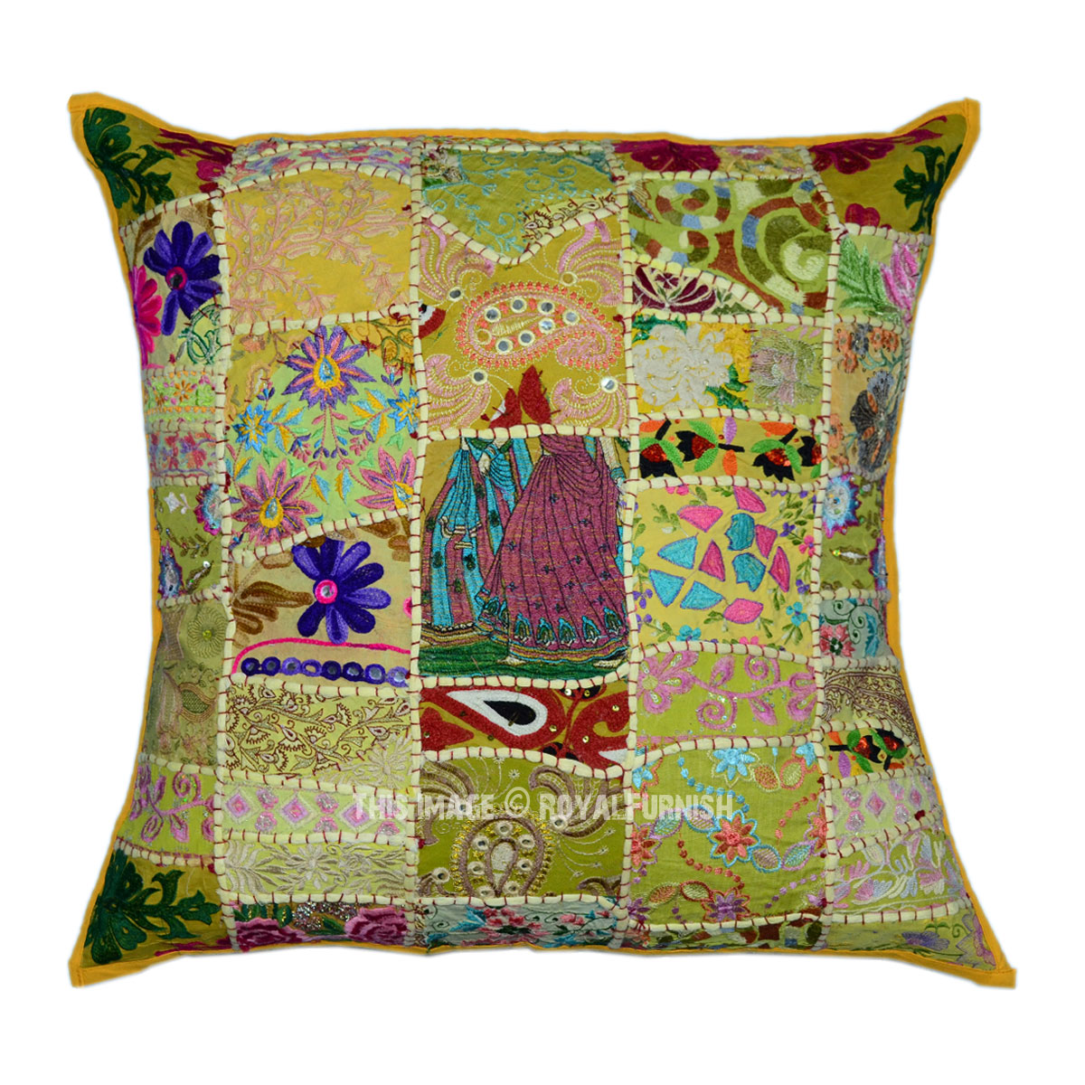 Yellow 24"X24" Handmade Needlepoint Indian Sari Patchwork Pillow Cover