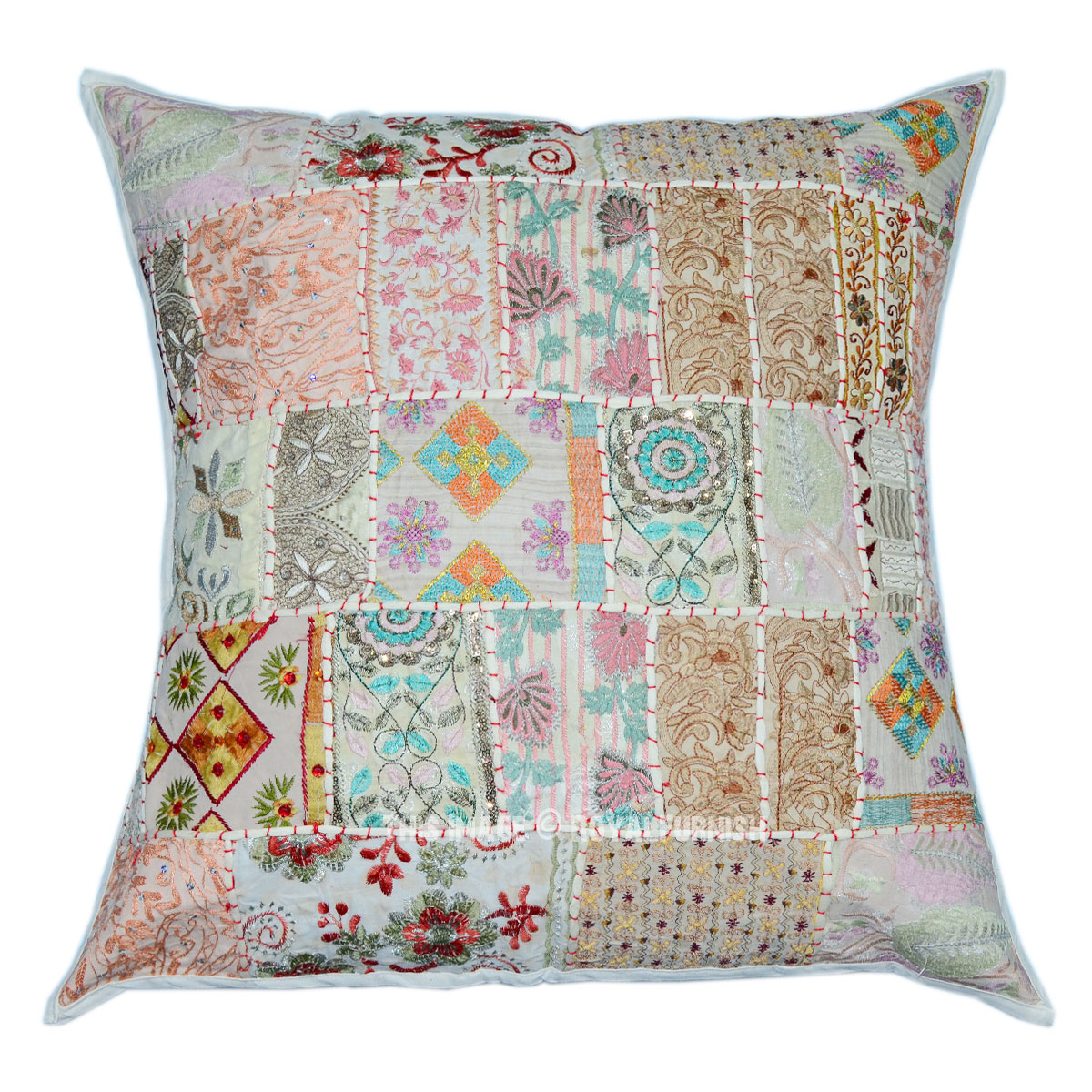 White Oversized Vintage Boho Patchwork Square Indian Throw Pillow Cover