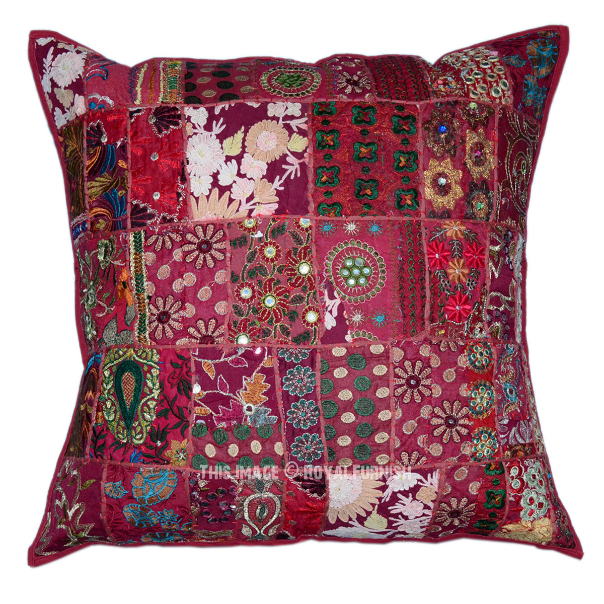 Red Oversized Vintage Bohemian Patchwork Square Indian Pillow Cushion Cover - RoyalFurnish.com