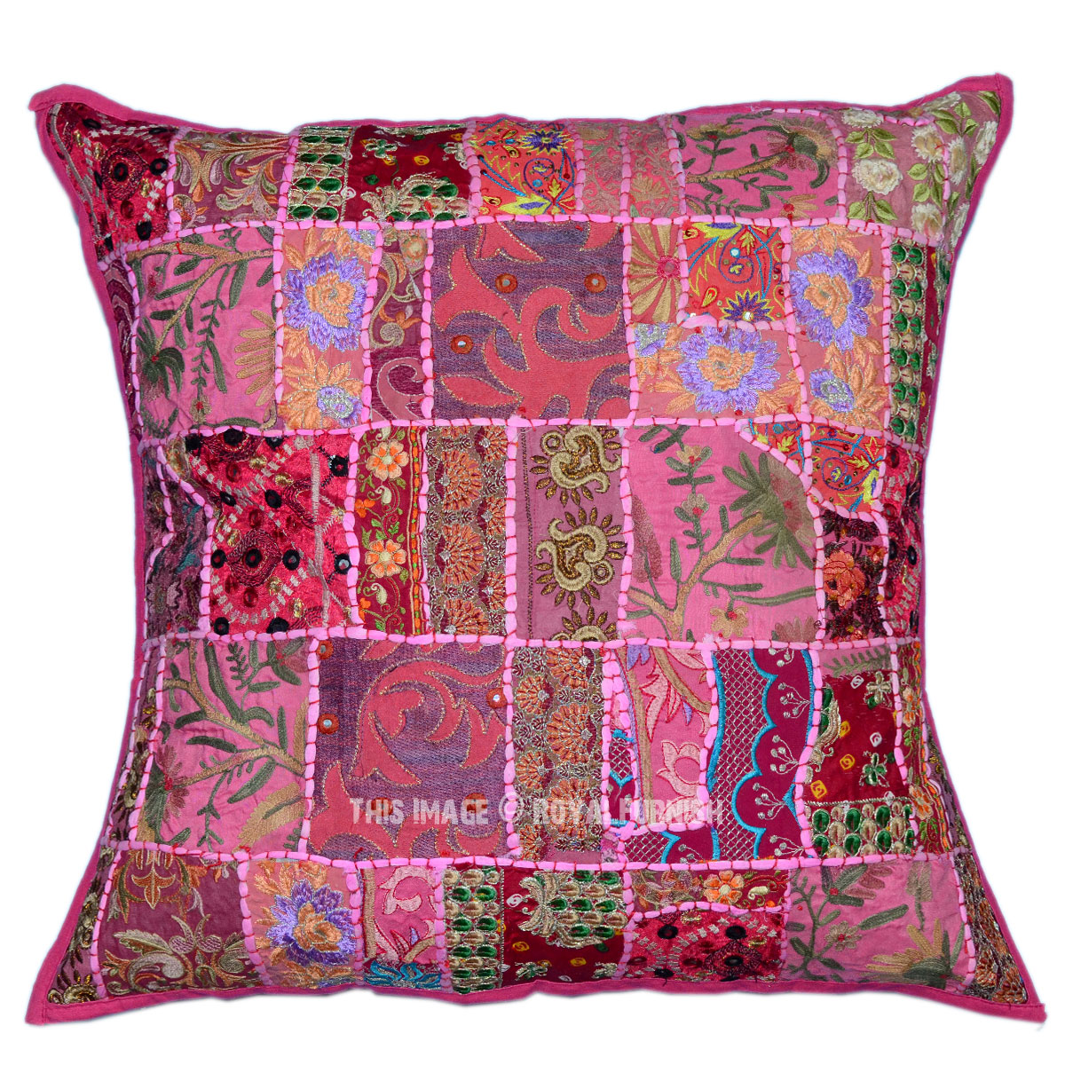 Pink Large Multicolor Vintage Bohemian Indian Patchwork Throw Pillow