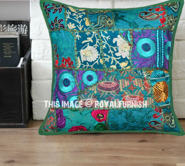 16X16" Green Multi Patch Embroidered Boho Accent Pillow Cover