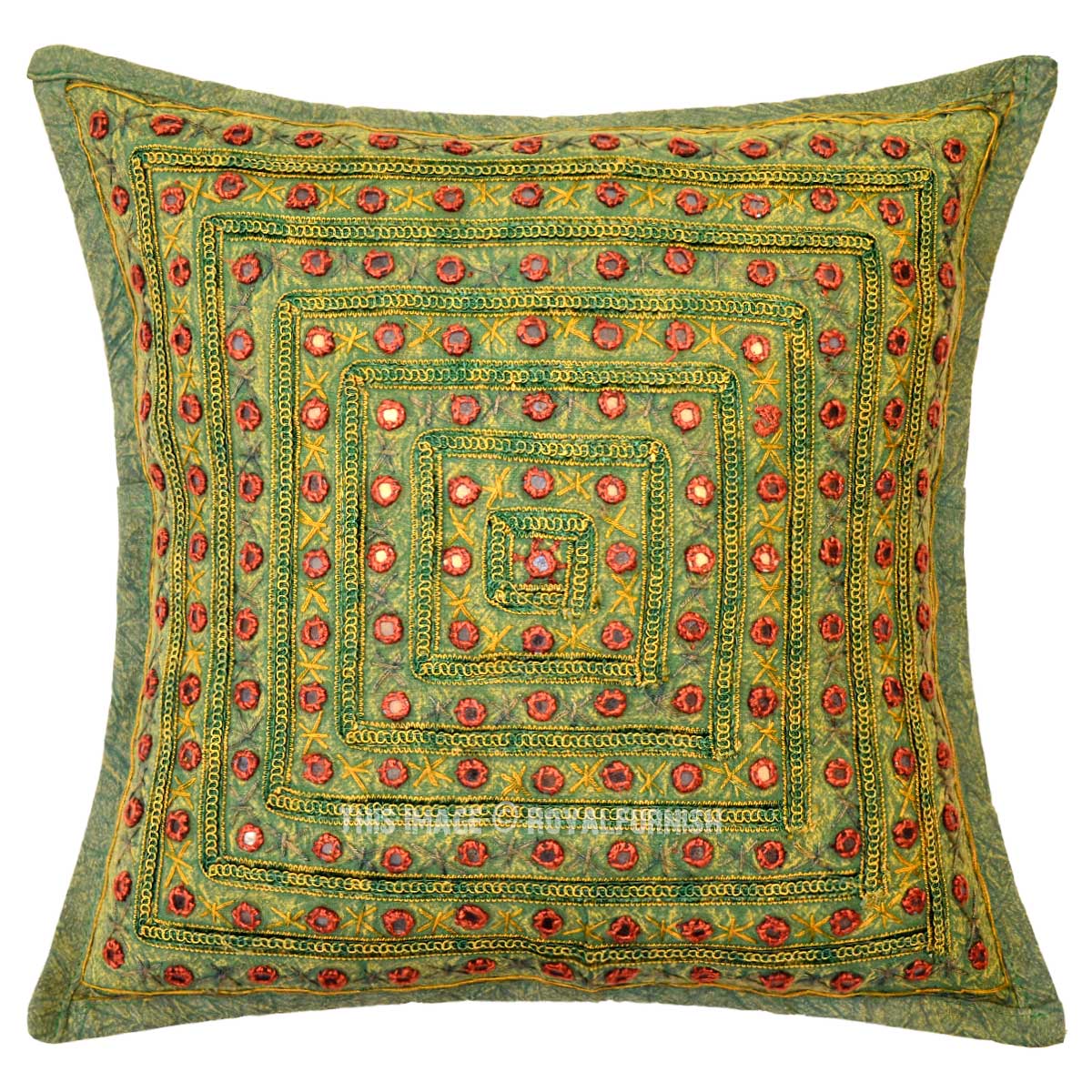 Multi Green Square Mirrored Embroidered Handmade Decorative Pillow Case 16X16 Inch ...