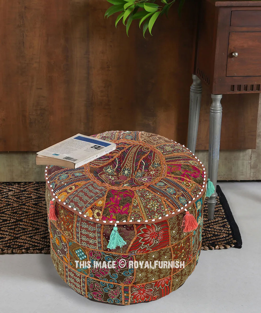 17 X 12 Brown Small Colorful Round Pouf Patchwork Pouffe Ottoman Cover Floor Seating Boho Chic Indian Handmade Eyes of India