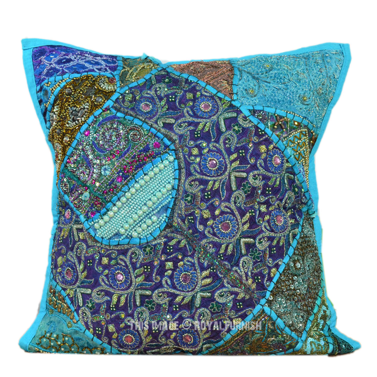 16X16" Blue Antique Hand Sewn Beads Embroidered Indian Throw Pillow