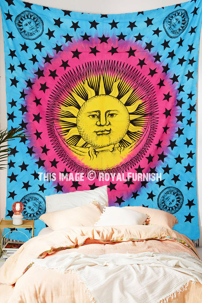 Hippie Celestial Sun Moon Tapestry Indian Tie & Dye Wall Hanging Twin Bedspread 