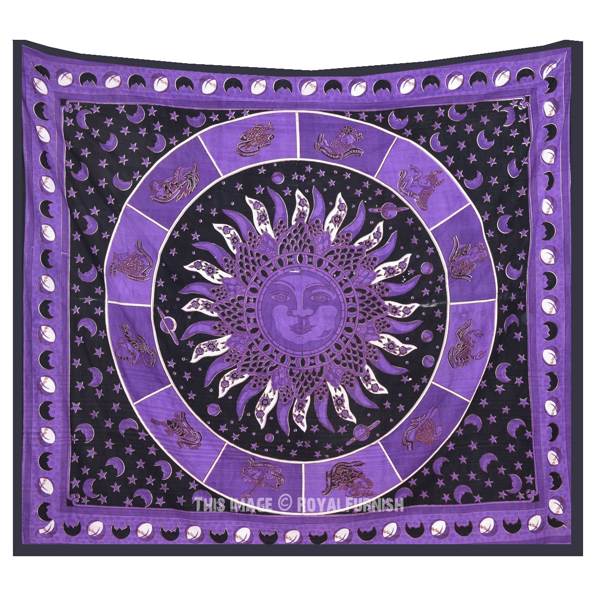 Queen Purple Celestial Zodiac Sign Burning Sun Tapestry Wall Hanging 
