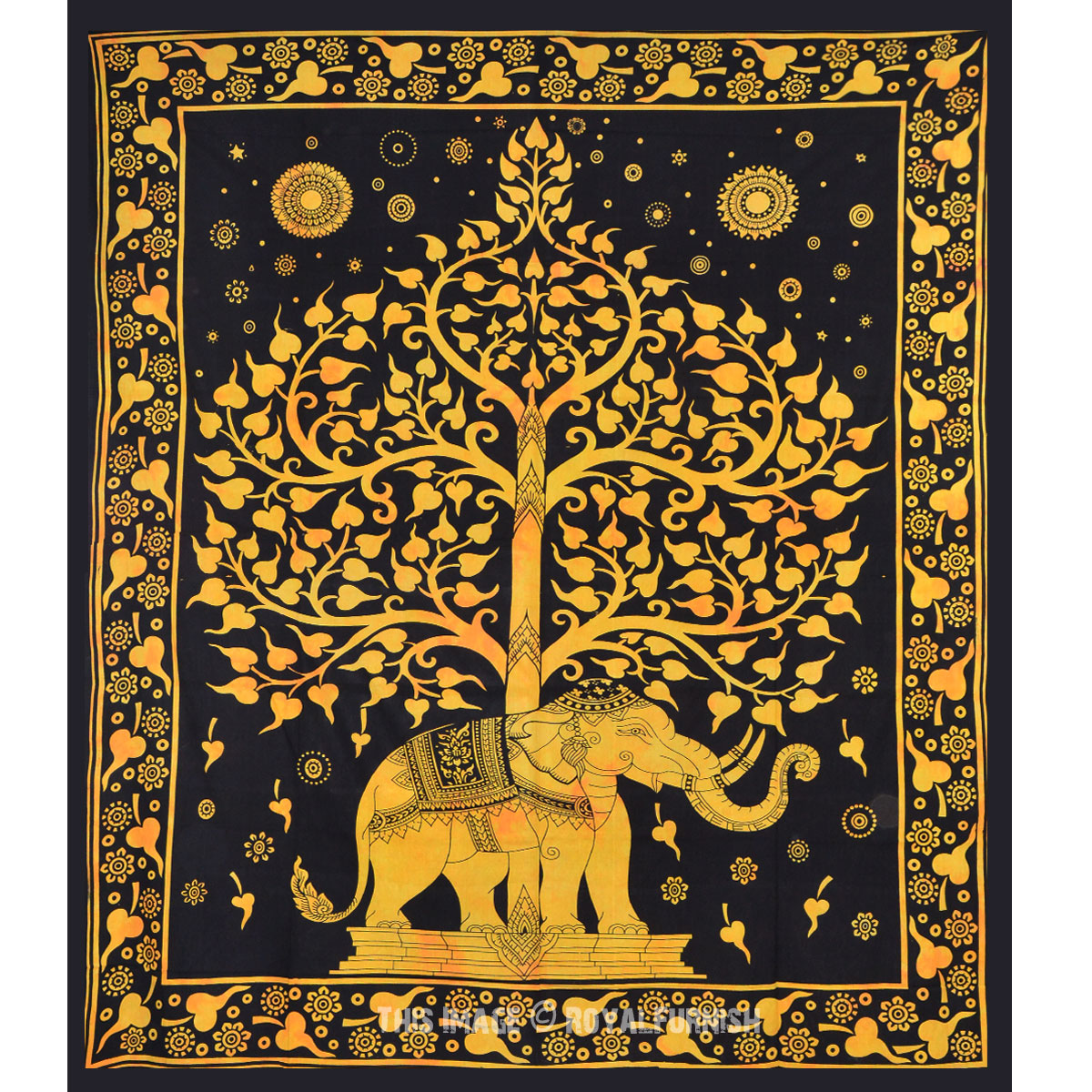Black and Gold Elephant and Tree Wall Tapestry Bedding Bedspread RoyalFurnish