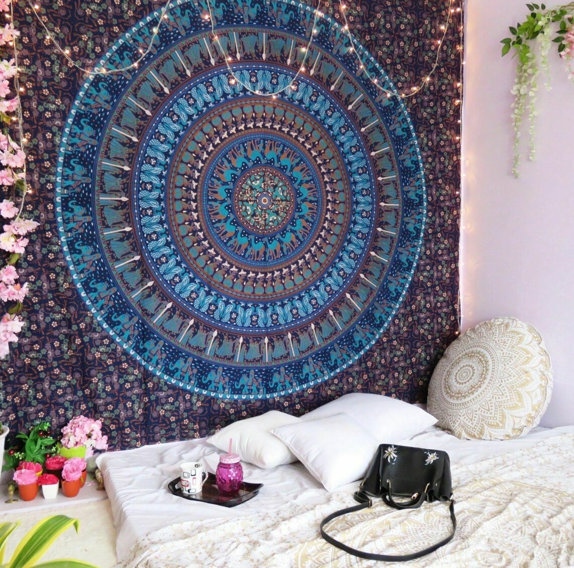 Indian Wall Hippie Hanging Bohemian Bedspread Blue Peacock Mandala Tapestry Mat 