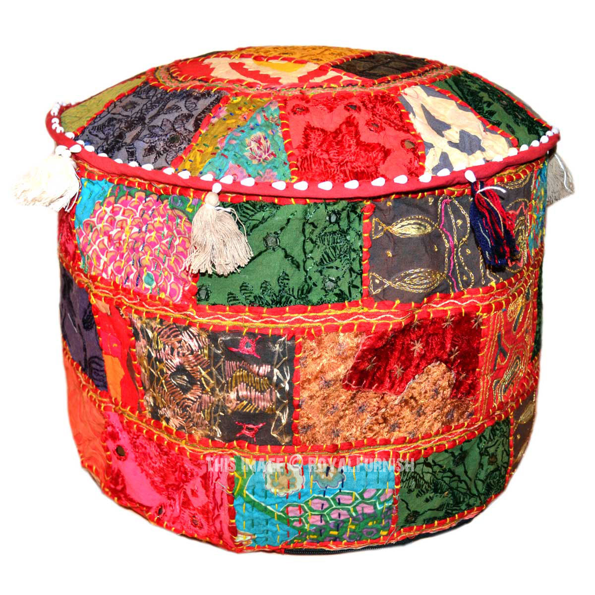 Red Multi Patchwork Style Indian Unique Pouf Ottoman