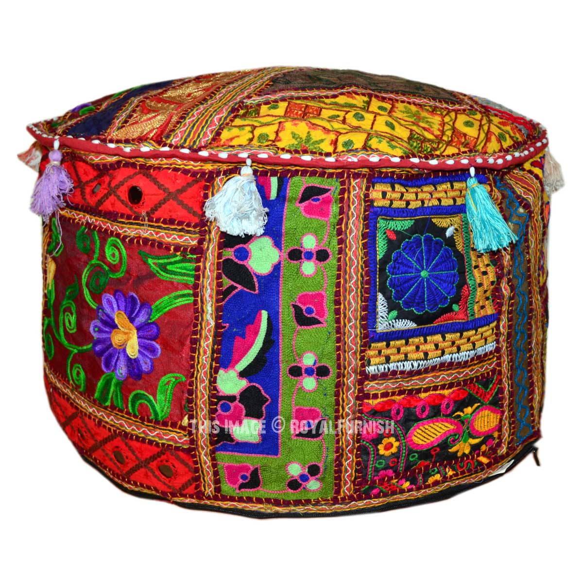 22" Unique Patch Embroidered Red Pouf Ottoman Cover