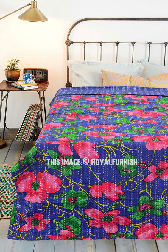 Blue India Handcrafted Intricate Kantha Embroidered Throw Blanket