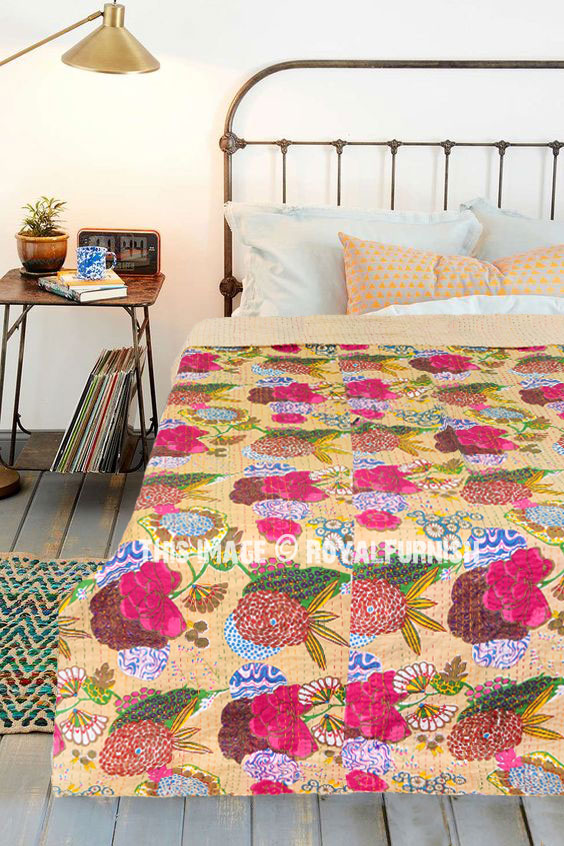 Indian Kantha Quilt Bedspread Bedding Throw Handmade Cotton Multi Pattern Print 