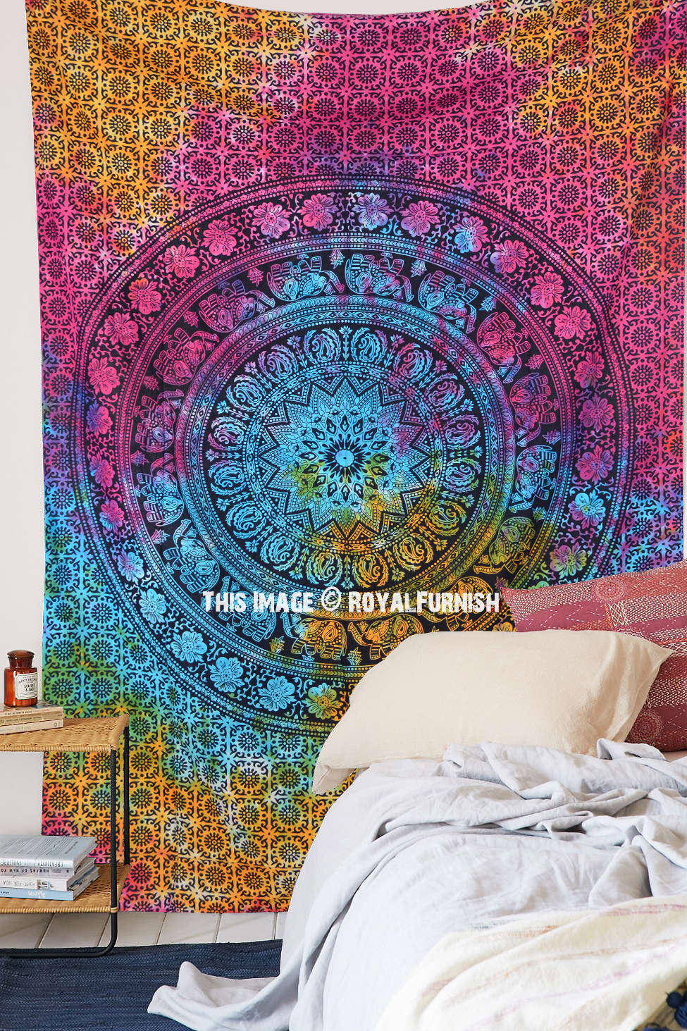 Floral and Elephant Star Circle Tie Dye Tapestry, Mandala Wall Hanging