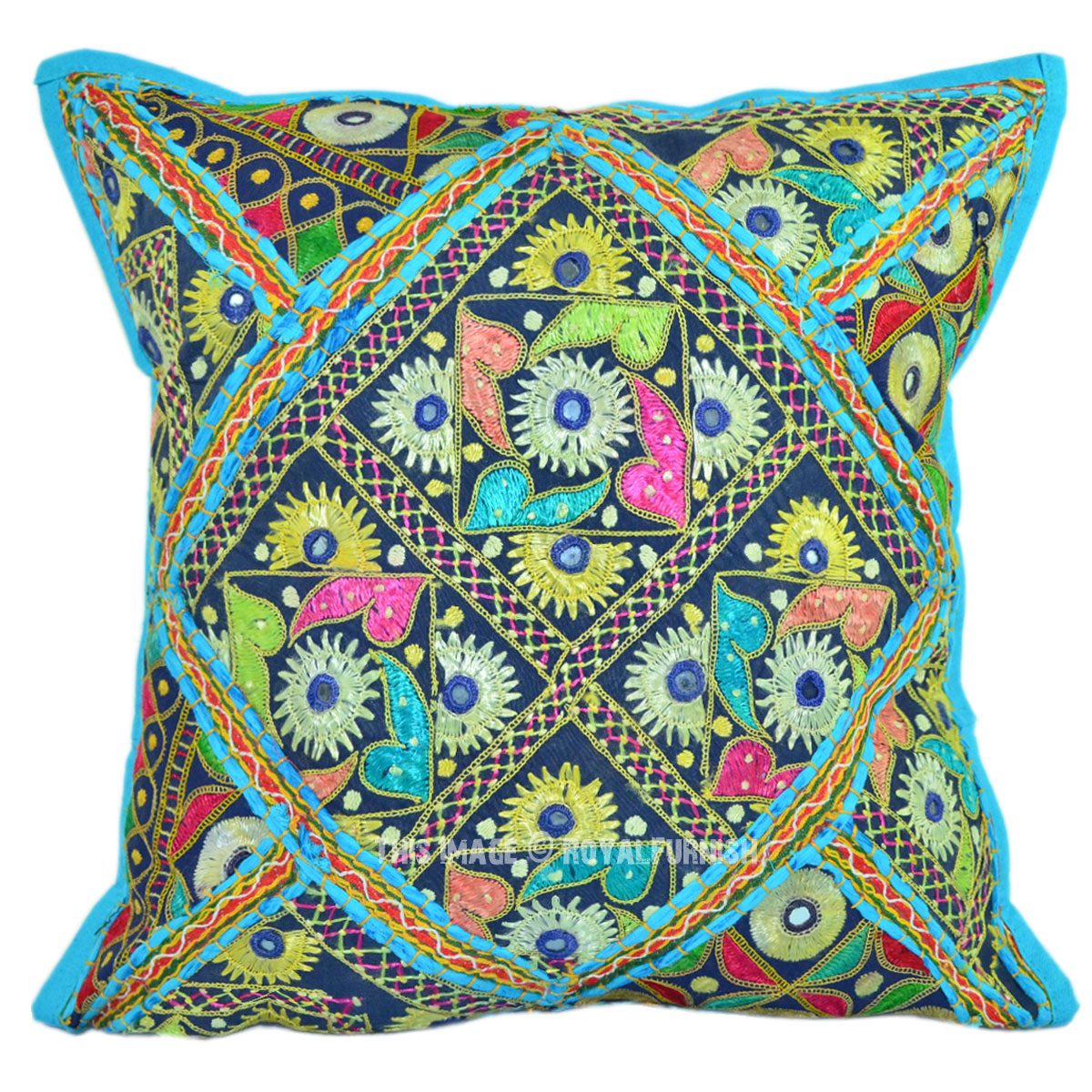 16"X16" Turquoise Boho Chic Oneofakind Cotton Embroidered Pillow