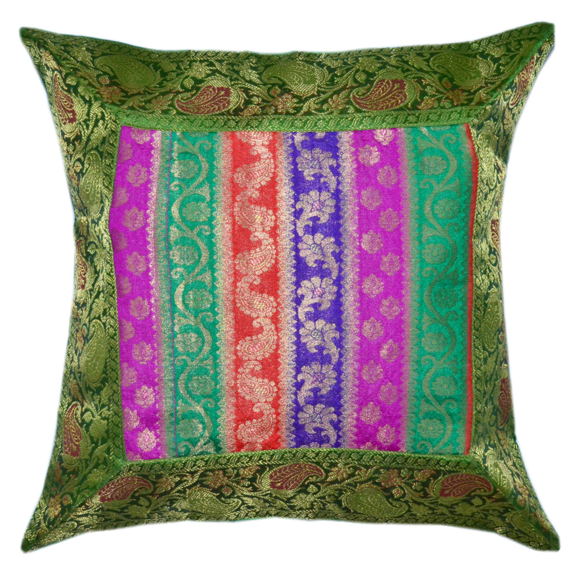 Multi Floral Striped Bohemian Style Silk Throw Pillow Cover - RoyalFurnish.com