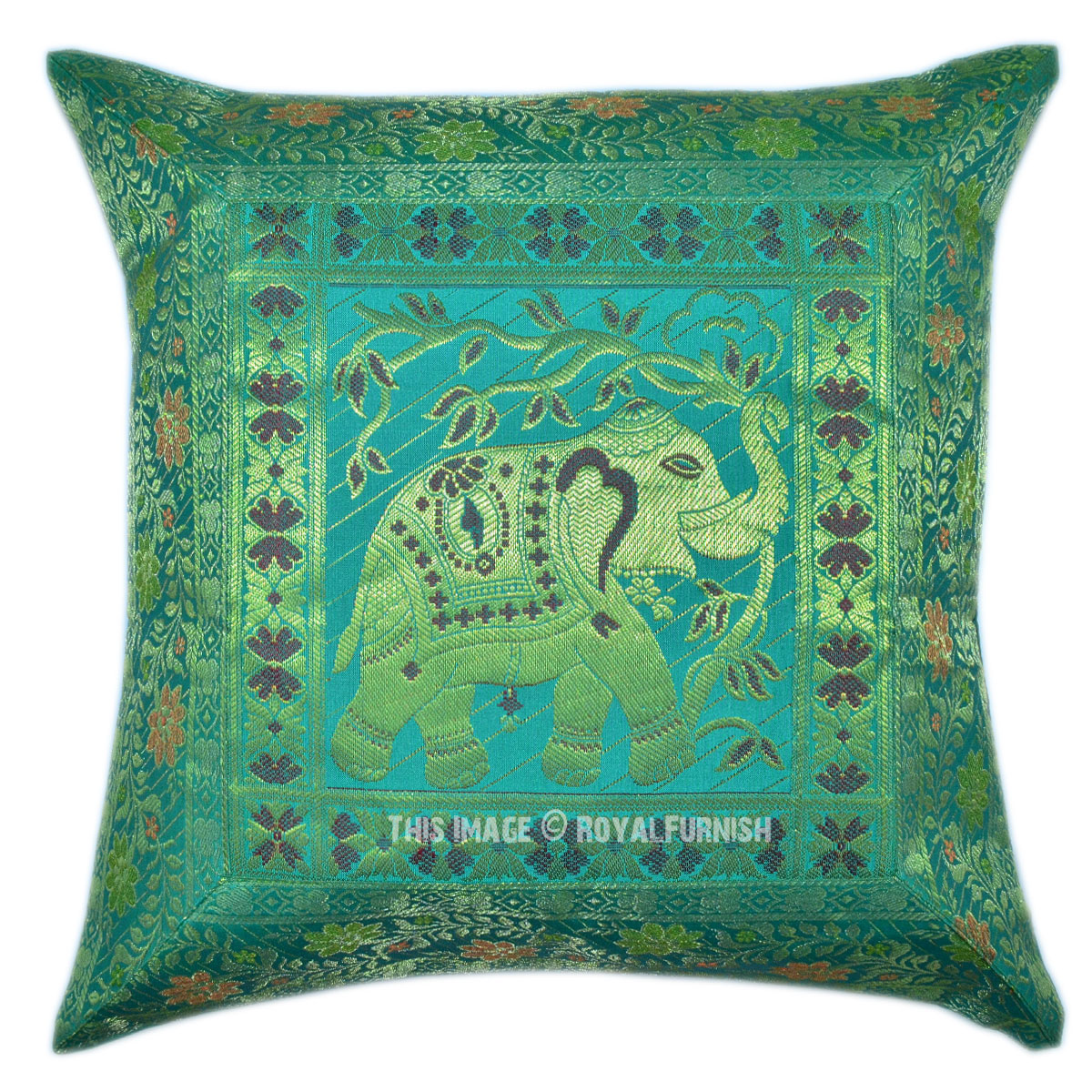 Light Green Handcrafted Elephant Silk Throw Pillow Sham