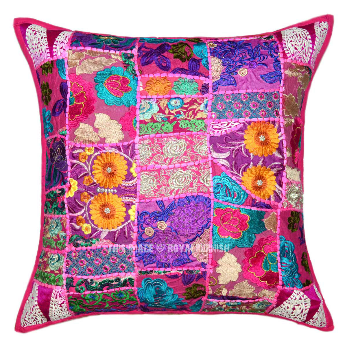 24X24" Pink Boho Patchwork Decorative & Accent Throw Pillow Cover