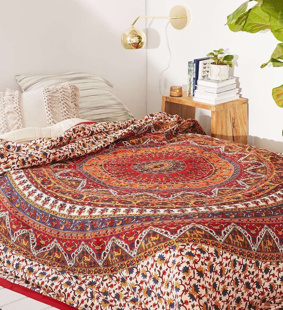 Red Bohemian Mandala Indian Bedspread, Indian Tapestry Duvet Cover