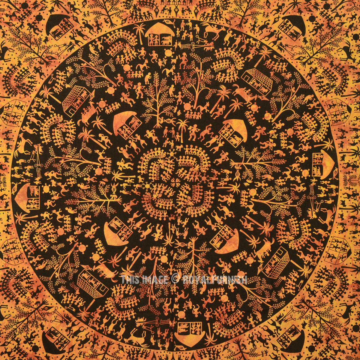 Orange Tribal Village Round Circle Tie Dye Tapestry Wall Hanging