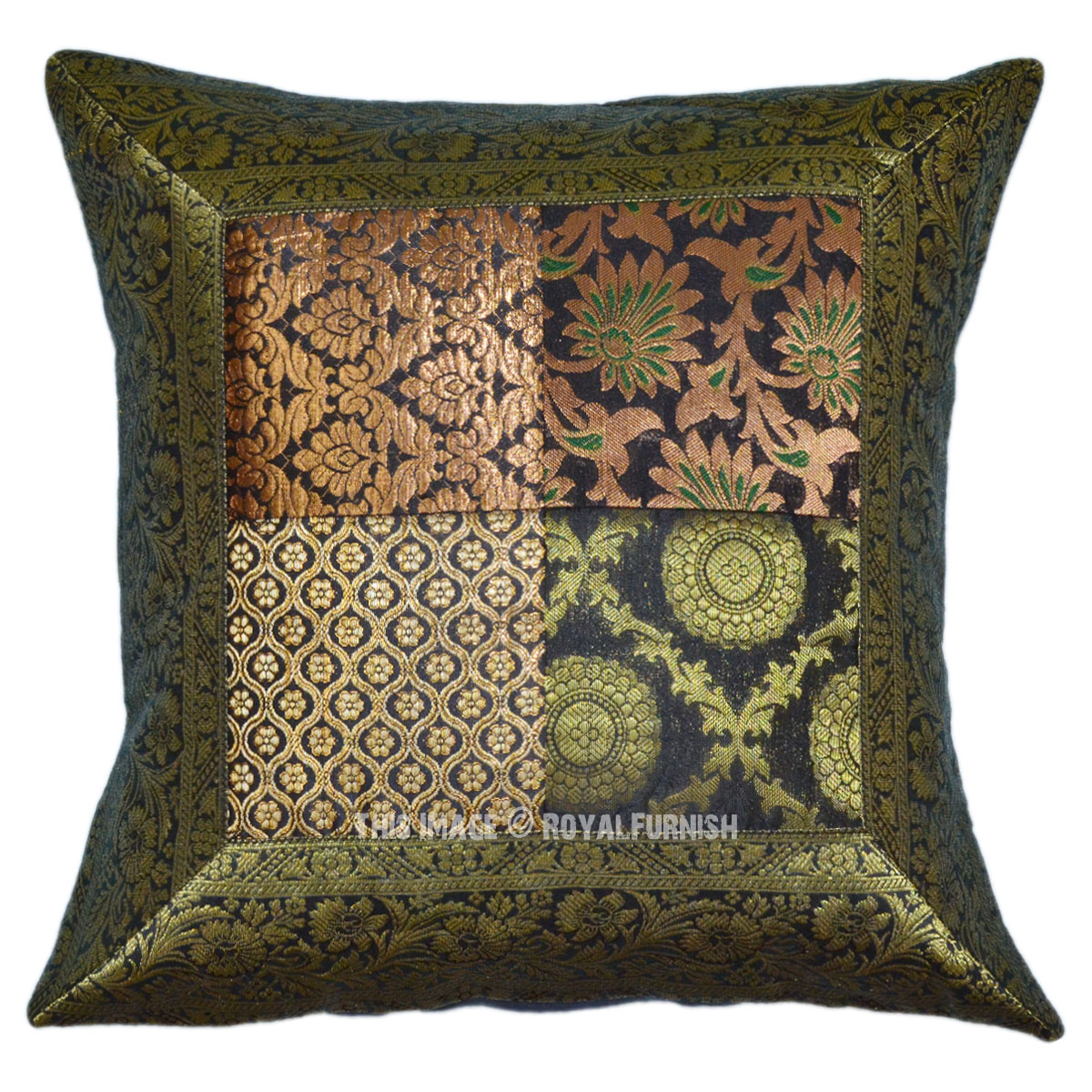 17" Black Golden Floral Patchwork Indian Silk Brocade Throw Pillow