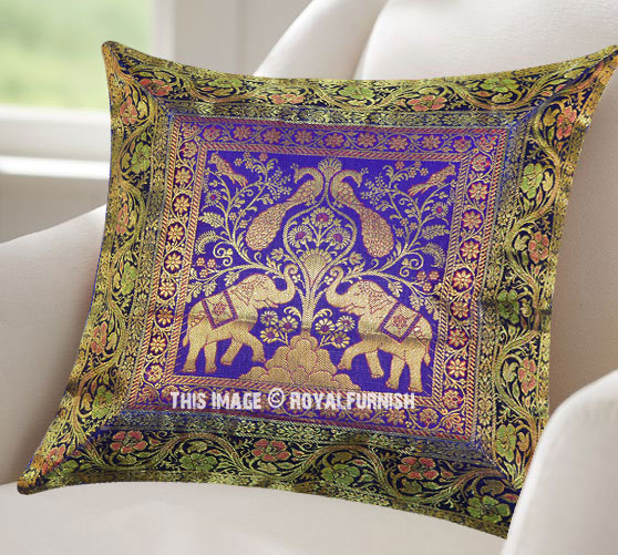 Blue Decorative Elephant Indian Silk Brocade Toss Pillow Cover Classy Indian Silk Decorative Pillows Blue Decorative Elephant Indian Silk Brocade Toss Pillow Cover Classy Indian Silk Decorative Pillows