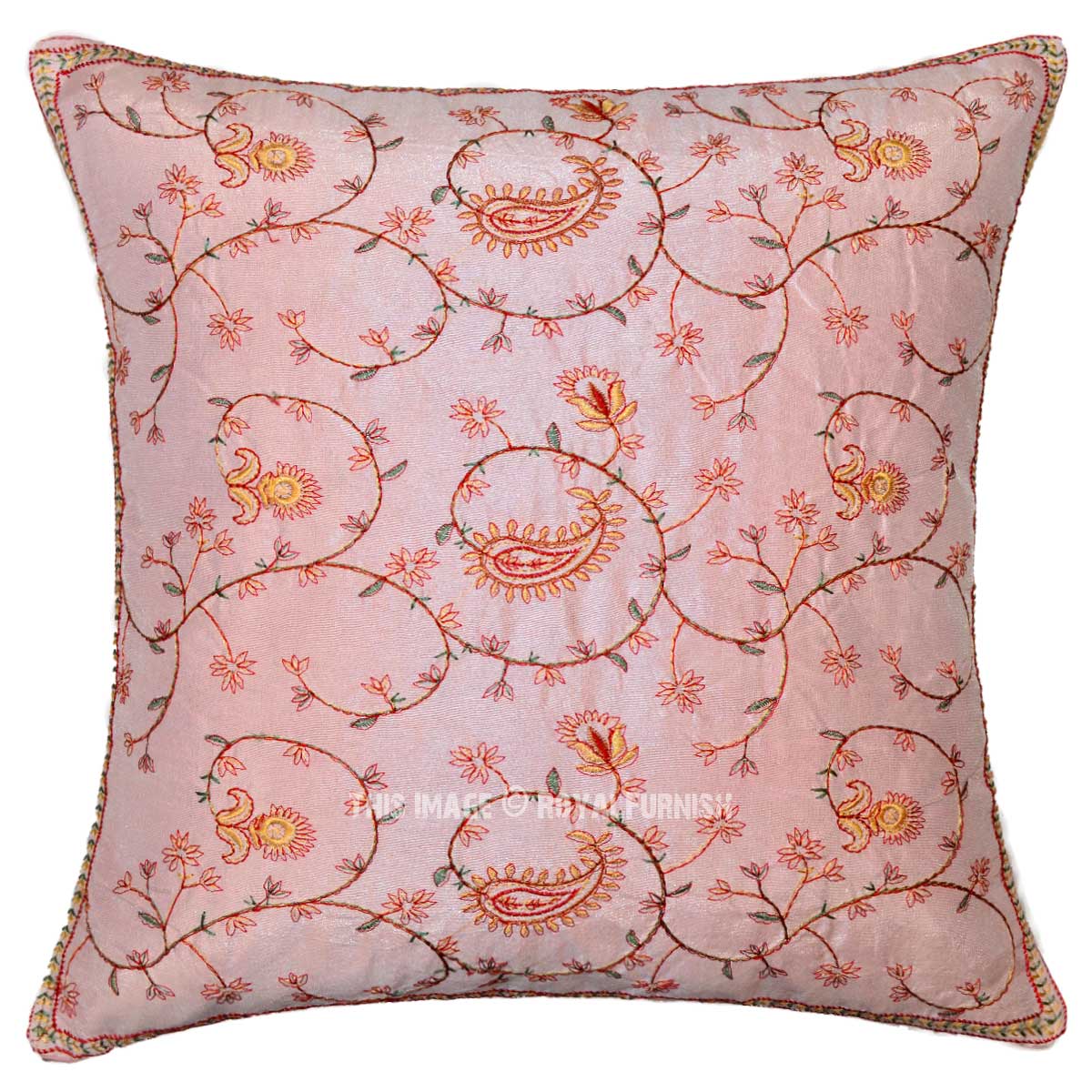 Pink Indian Floral Embroidered Decorative Silk Throw Pillow Case - RoyalFurnish.com