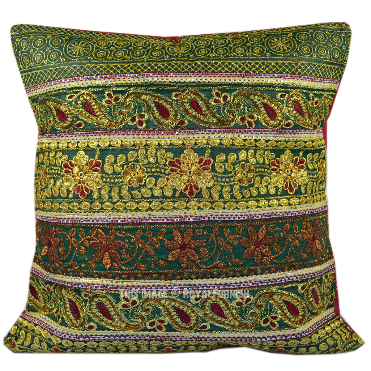Antique Golden Thread Sequin Embroidered Indian Decorative Silk Throw Pillow - RoyalFurnish.com