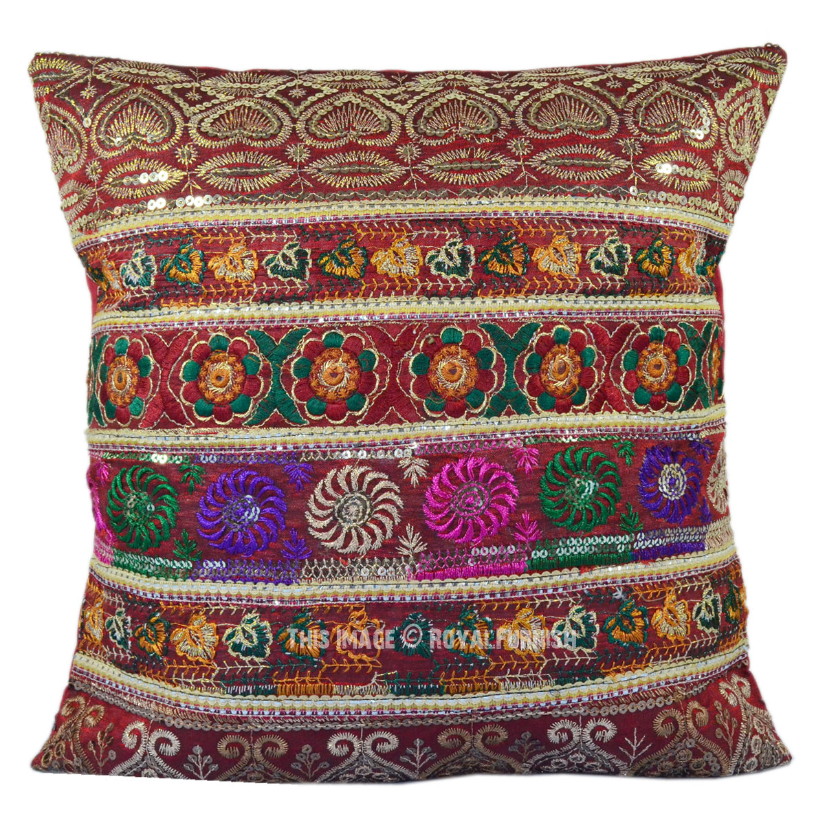 Antique Multicolor Silk Embroidered Sequin Indian Decorative Throw Pillow - RoyalFurnish.com