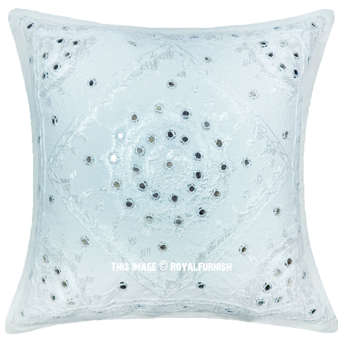 White Indian Mirror Embroidered Decorative Cotton Throw Pillow Case