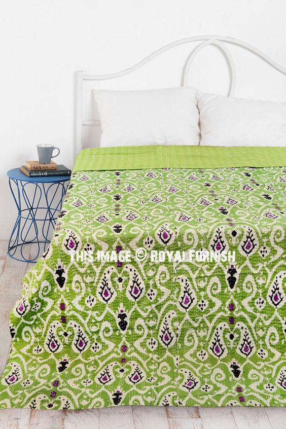 Green Queen Size Paisley Ikat Kantha Quilt Blanket Bedding Bedspread Green Queen Size Paisley Ikat Kantha Quilt Blanket Bedding Bedspread Royalfurnish Com