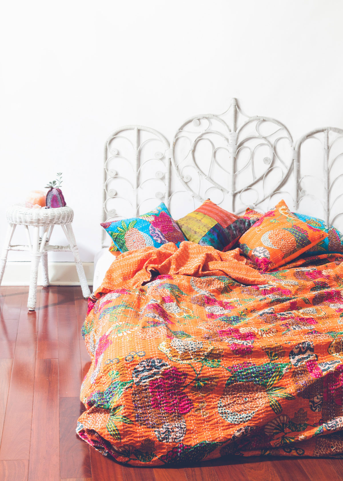 Orange Indian Embroidered Floral Kantha Quilt Bedspread Throw Gudri Twin Blanket 