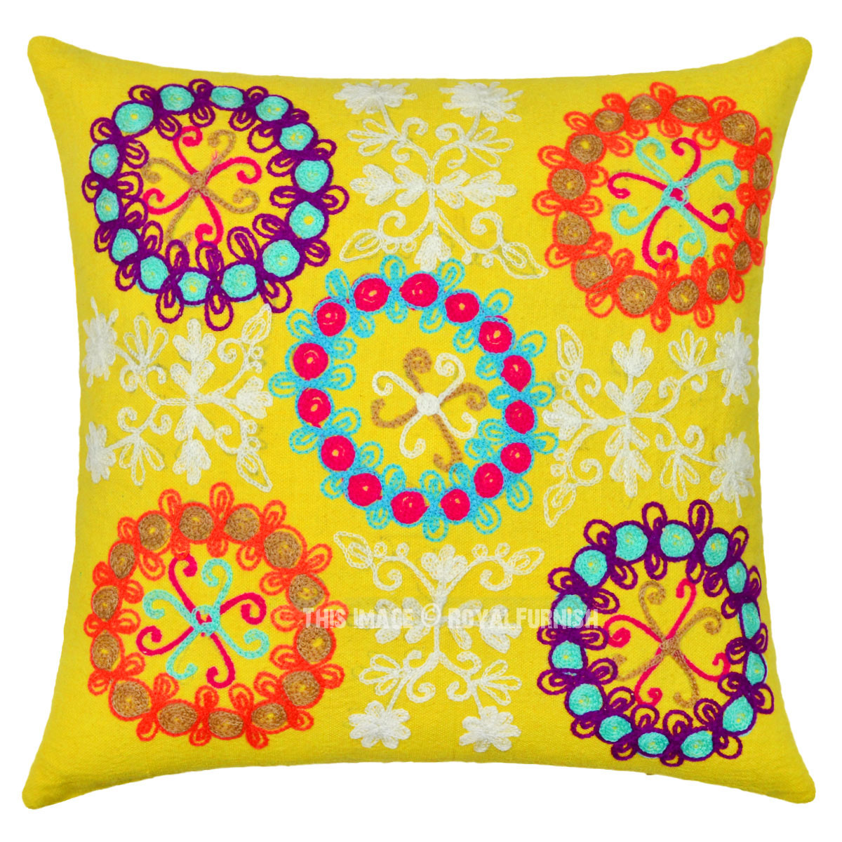 Yellow Decorative Embroidery Indian Suzani Designer Throw Pillow Cover - RoyalFurnish.com