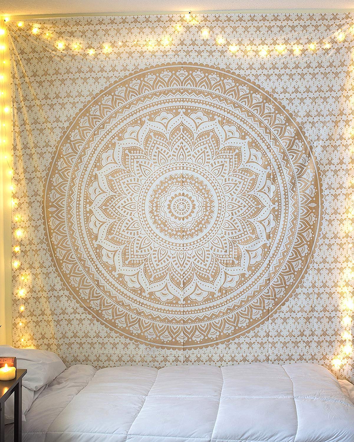 Mandala Tapestry Flowers Wall Hanging Print Bedspread Gold White Bedroom Decor 