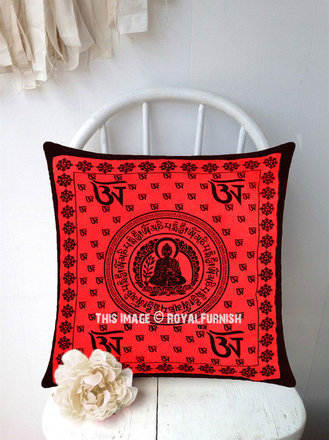 Decorative Red Lotus Buddha Aum Printed Throw Pillow Cover 16X16