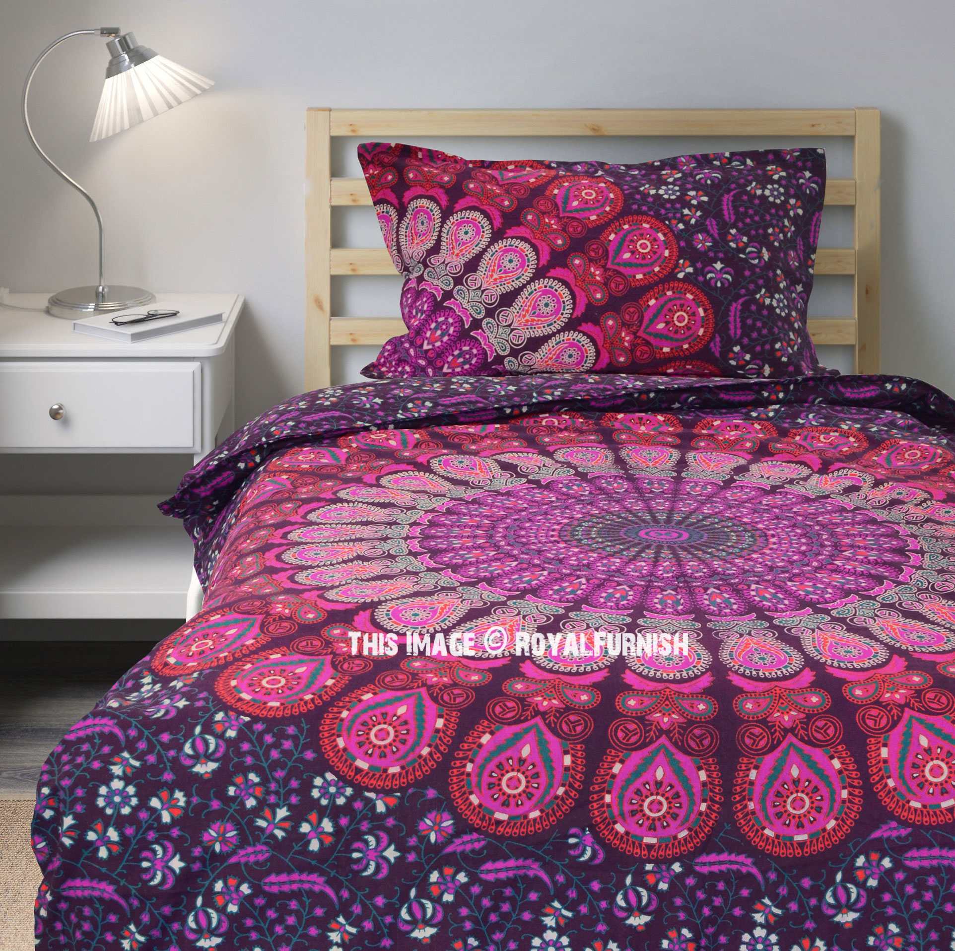 Pink Purple Medallion Boho Style Mandala Bedding Duvet Set With