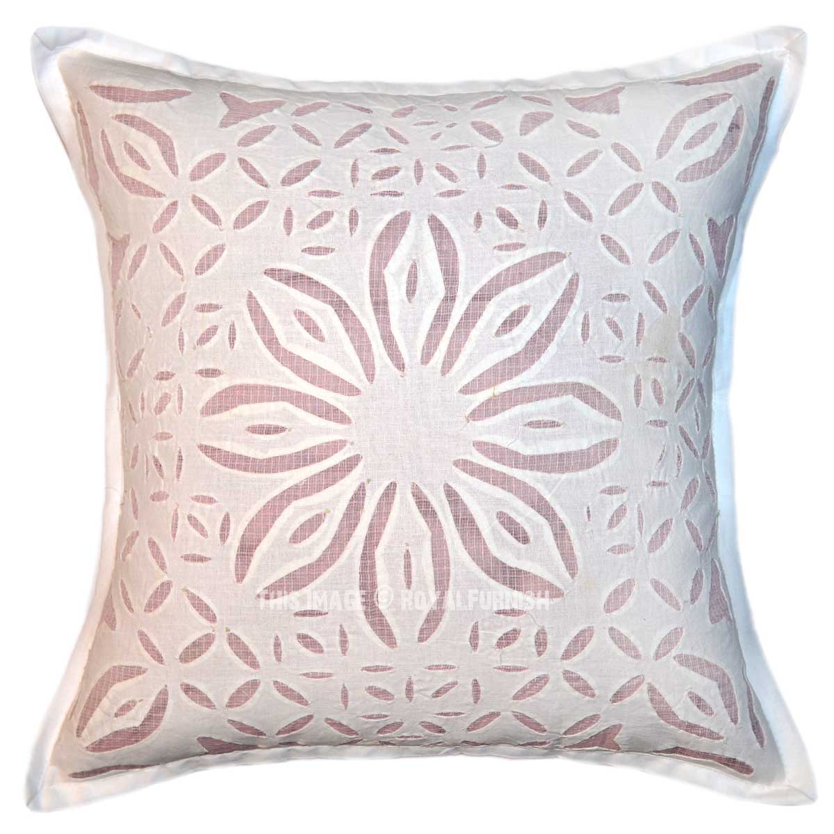 White Big Flower Hand Cutwork Designer Cotton Square Pillow Cover 16X16 - RoyalFurnish.com