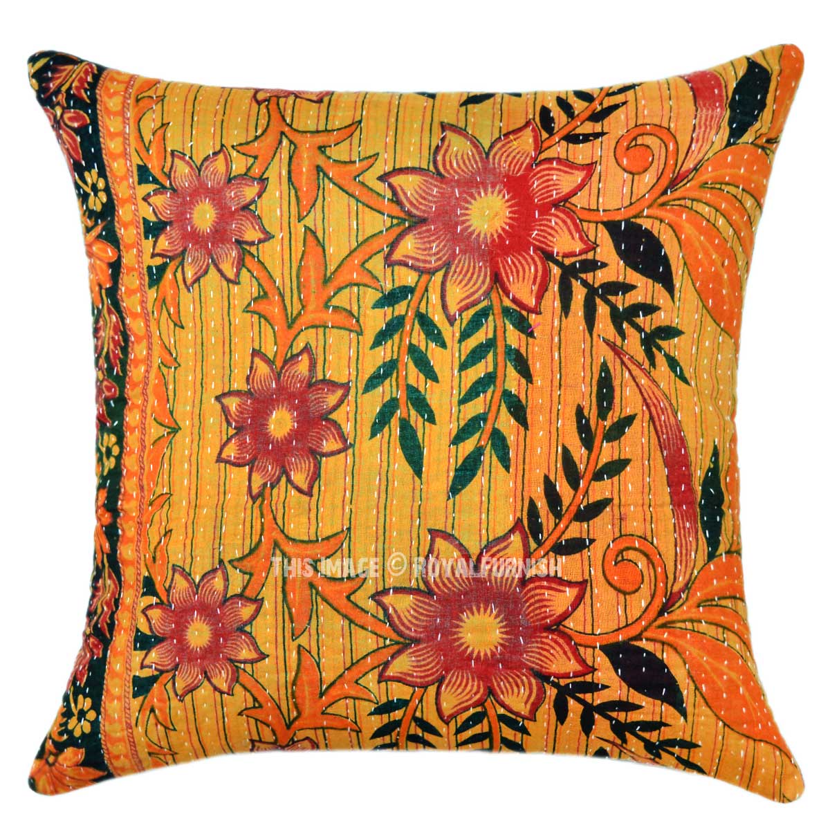 Orange Multi Flower Plant Decorative Vintage Kantha Throw Pillow Sham - RoyalFurnish.com