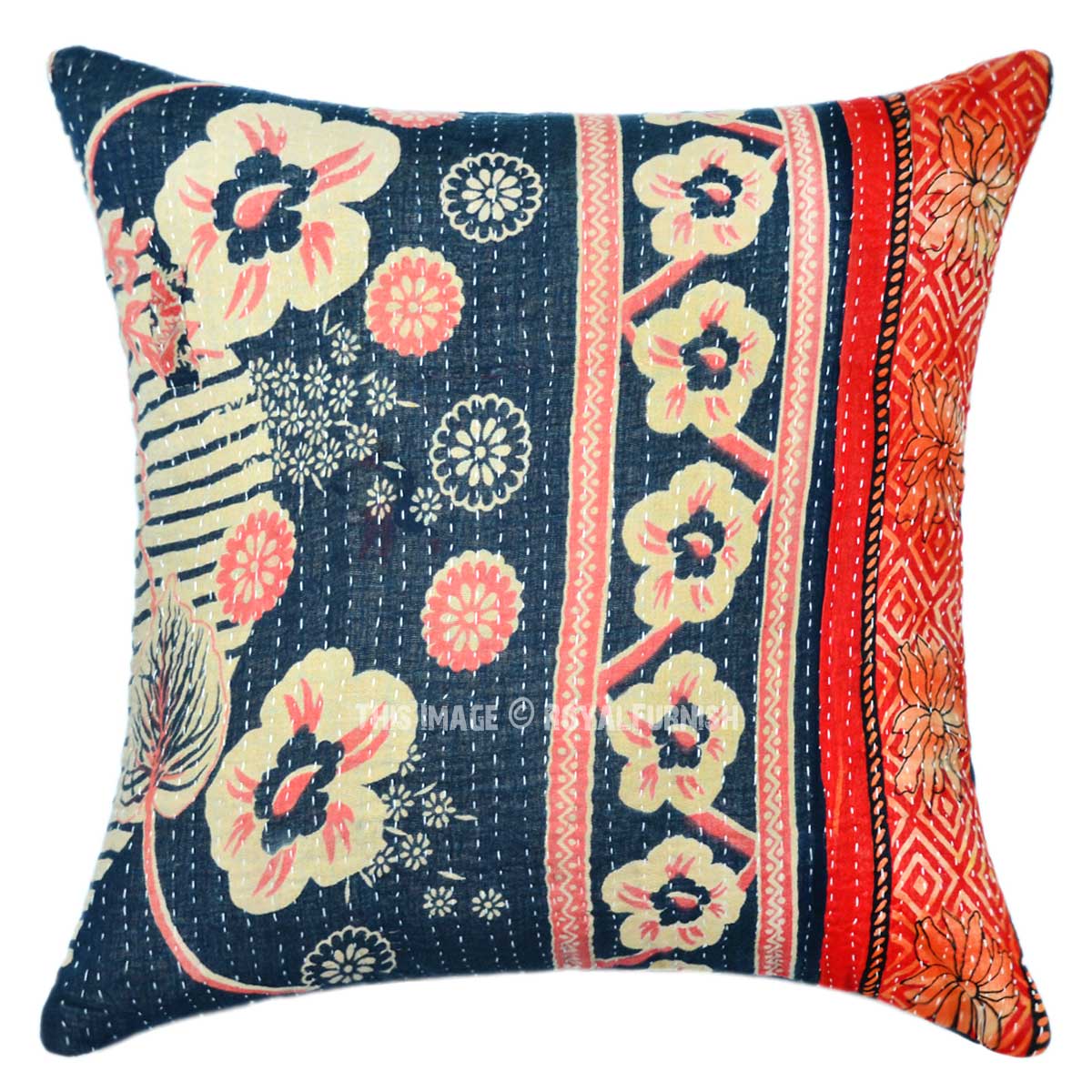 Black Multi Flower Ring Unique Contemporary Kantha Pillow Case 16X16 - RoyalFurnish.com
