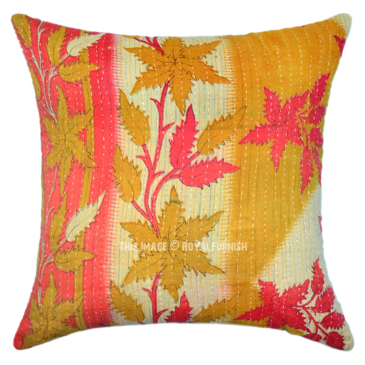 Multi Plant Theme India Cotton Sari Made Vintage Throw Pillow Case
