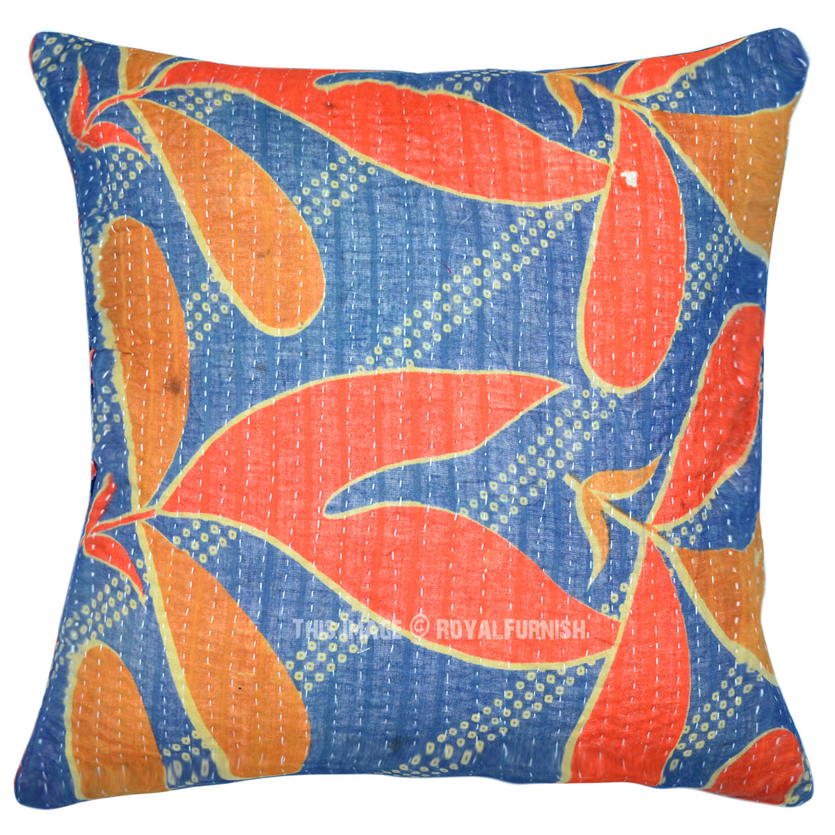 Colorful Decorative and Accent Long Leafs Kantha Pillow Case 16X16 - RoyalFurnish.com