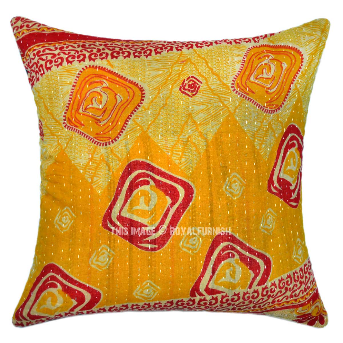 Yellow Multi Abstract Old Fabric Vintage Kantha Throw Pillow Cover - RoyalFurnish.com