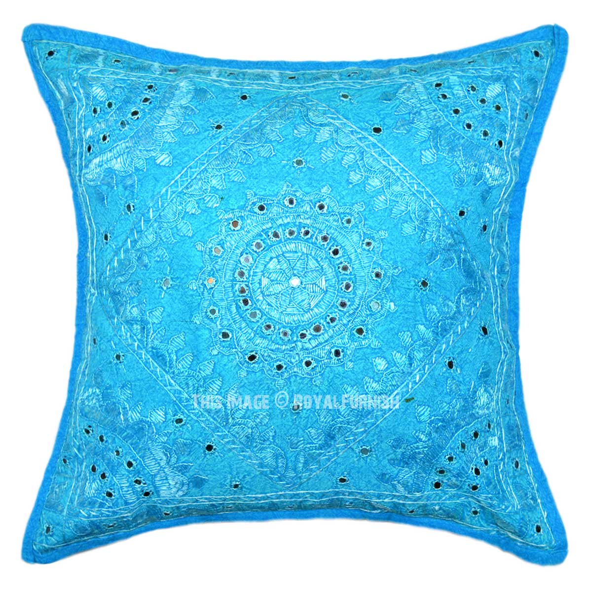 18X18 Turquoise Decorative Mirror Embroidered Work Cotton Throw Pillow Sham - RoyalFurnish.com