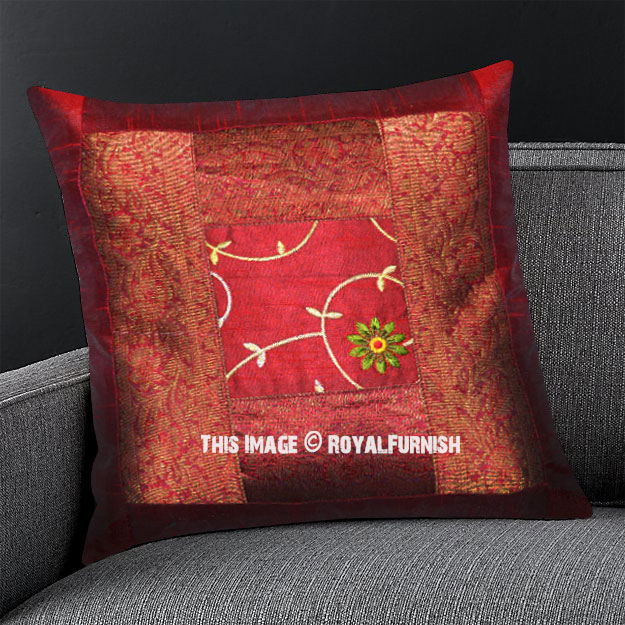 Burgundy Floral Embroidery Hand Work Silk Throw Pillow Case 16X16